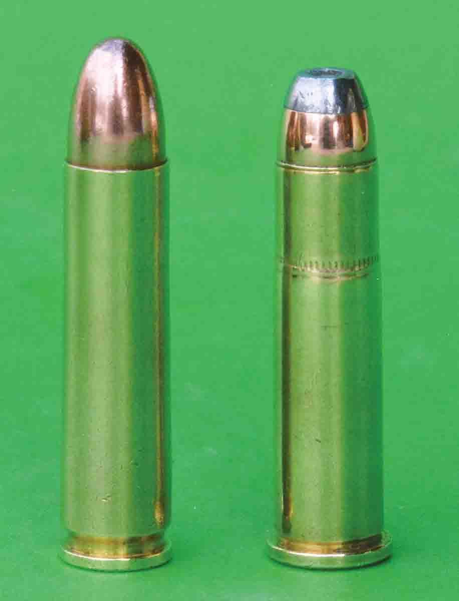 The 30 Carbine (left) is similar in size to the 32-20 Winchester (right).